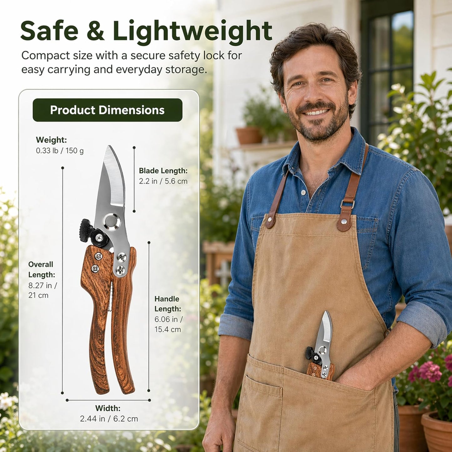 Pruning Shears, 5/8-Inch Cut Capacity Garden Clippers, Spring-Assisted Hand Pruners with Sharp Steel Blade, Ergonomic Wood-Grain Finish Handle for Roses, Shrubs, Stems, Herbs and Garden Harvesting