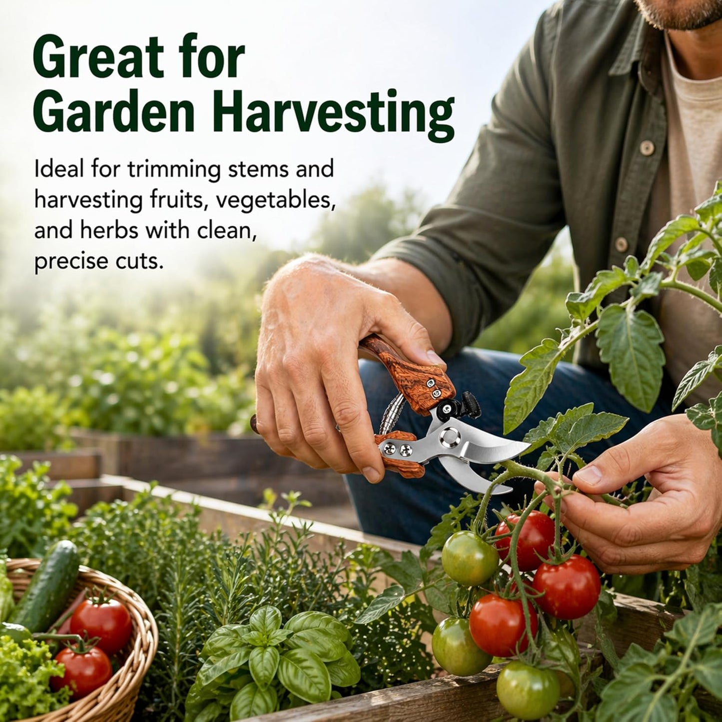 Pruning Shears, 5/8-Inch Cut Capacity Garden Clippers, Spring-Assisted Hand Pruners with Sharp Steel Blade, Ergonomic Wood-Grain Finish Handle for Roses, Shrubs, Stems, Herbs and Garden Harvesting