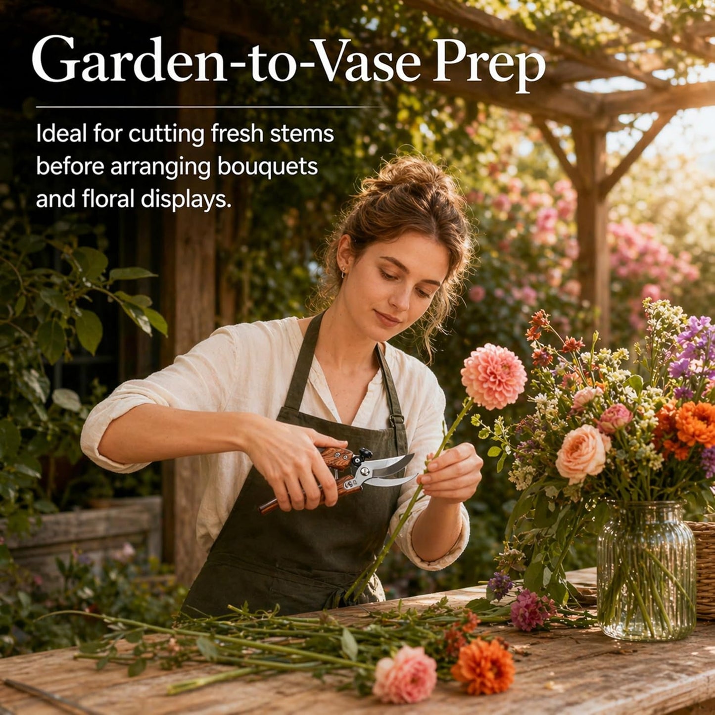Pruning Shears, 5/8-Inch Cut Capacity Garden Clippers, Spring-Assisted Hand Pruners with Sharp Steel Blade, Ergonomic Wood-Grain Finish Handle for Roses, Shrubs, Stems, Herbs and Garden Harvesting