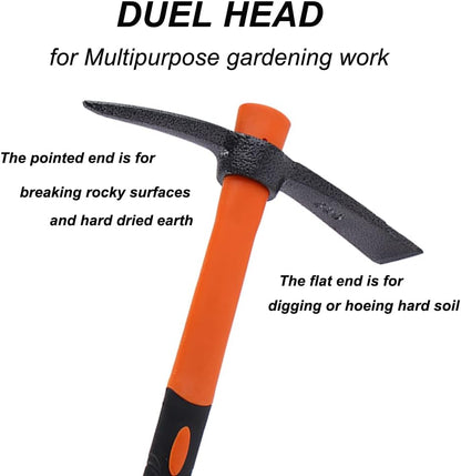 3 Sprongs Dual Head Rake Hoe with Heavy Duty Forged Adze and Ergonomic Non-Slip Handle for Loosening Soil, Gardening, Camping Outdoor 39mm/15-Inch