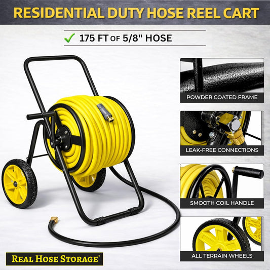 Garden 2-Wheel Hose Reel Cart, Residential Duty Hose Reel with Wheels, Outdoor Water Hose Reel for Backyard, Garden, or Lawn, Metal Hose Carts (175ft Hose Capacity)