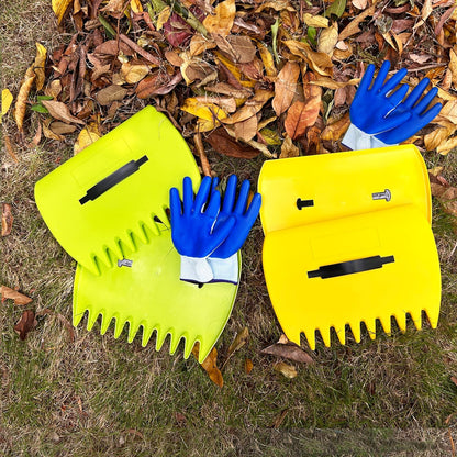 2 Sets Leaf Scoops Hand Rakes, Leaf Scoops and Claws with 2 Pairs Gloves, Lightweight Plastic Leaf Scoop, Large Leaf Grabbers for Picking Up Leaves, Clippings, Grass(2 Sets,Yellow+Green)