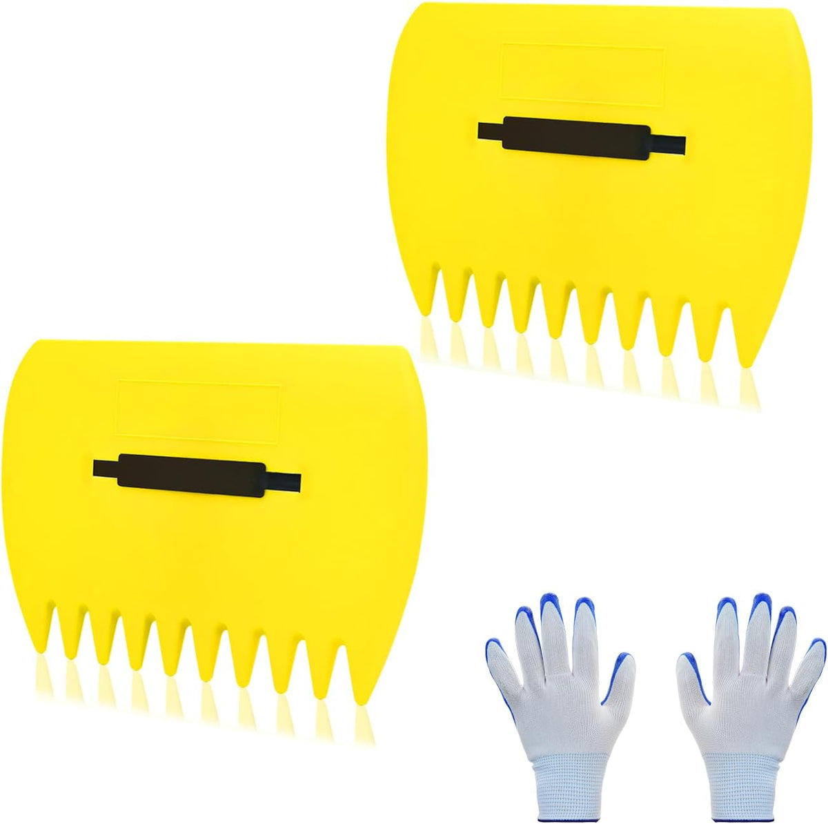 2 Sets Leaf Scoops Hand Rakes, Leaf Scoops and Claws with 2 Pairs Gloves, Lightweight Plastic Leaf Scoop, Large Leaf Grabbers for Picking Up Leaves, Clippings, Grass(2 Sets,Yellow+Green)