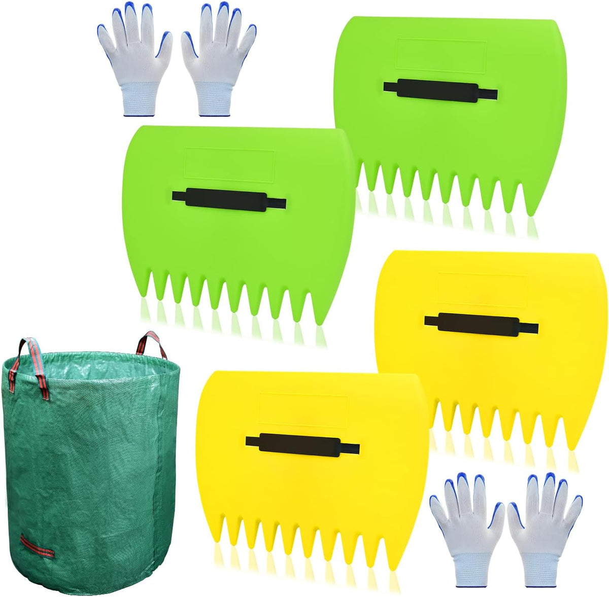 2 Sets Leaf Scoops Hand Rakes, Leaf Scoops and Claws with 2 Pairs Gloves, Lightweight Plastic Leaf Scoop, Large Leaf Grabbers for Picking Up Leaves, Clippings, Grass(2 Sets,Yellow+Green)