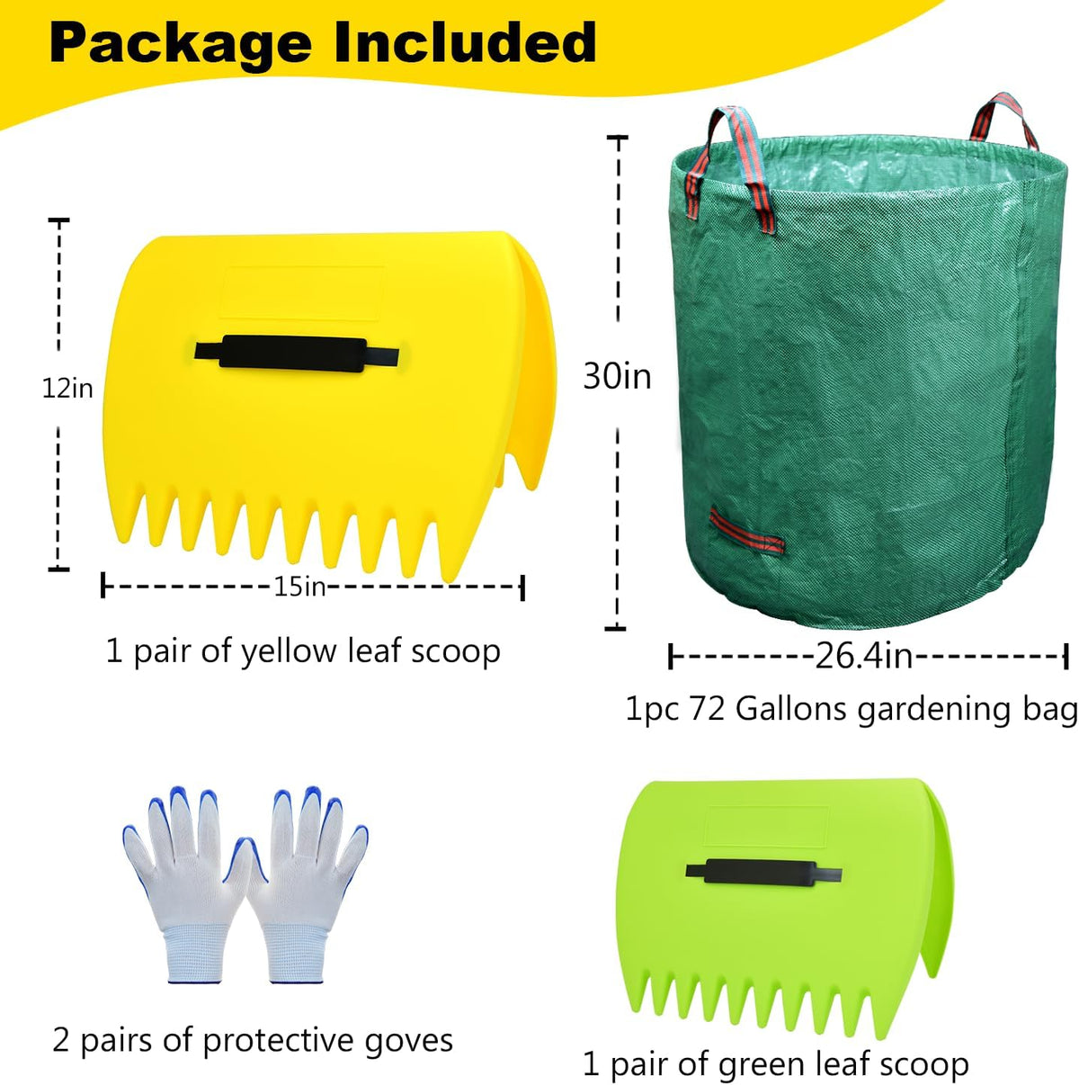 2 Sets Leaf Scoops Hand Rakes, Leaf Scoops and Claws with 2 Pairs Gloves, Lightweight Plastic Leaf Scoop, Large Leaf Grabbers for Picking Up Leaves, Clippings, Grass(2 Sets,Yellow+Green)
