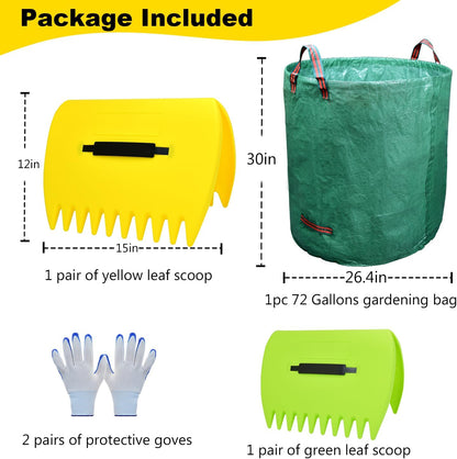 2 Sets Leaf Scoops Hand Rakes, Leaf Scoops and Claws with 2 Pairs Gloves, Lightweight Plastic Leaf Scoop, Large Leaf Grabbers for Picking Up Leaves, Clippings, Grass(2 Sets,Yellow+Green)