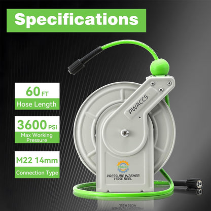 Retractable Pressure Washer Hose Reel, 1/4" x 60ft