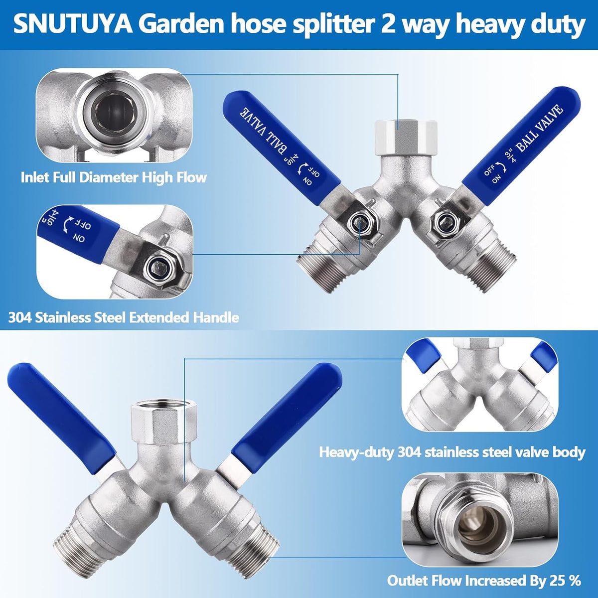 304 Stainless Steel Garden Hose Splitter 2 Way Heavy Duty, Full Flow Y Valve Water Hose Splitter With Long Handle, Lead-free，3/4" GHT Thread