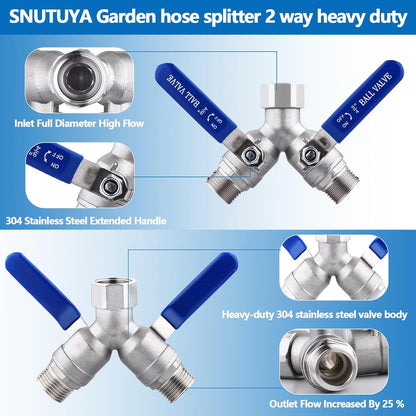 304 Stainless Steel Garden Hose Splitter 2 Way Heavy Duty, Full Flow Y Valve Water Hose Splitter With Long Handle, Lead-free，3/4" GHT Thread