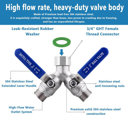 304 Stainless Steel Garden Hose Splitter 2 Way Heavy Duty, Full Flow Y Valve Water Hose Splitter With Long Handle, Lead-free，3/4" GHT Thread