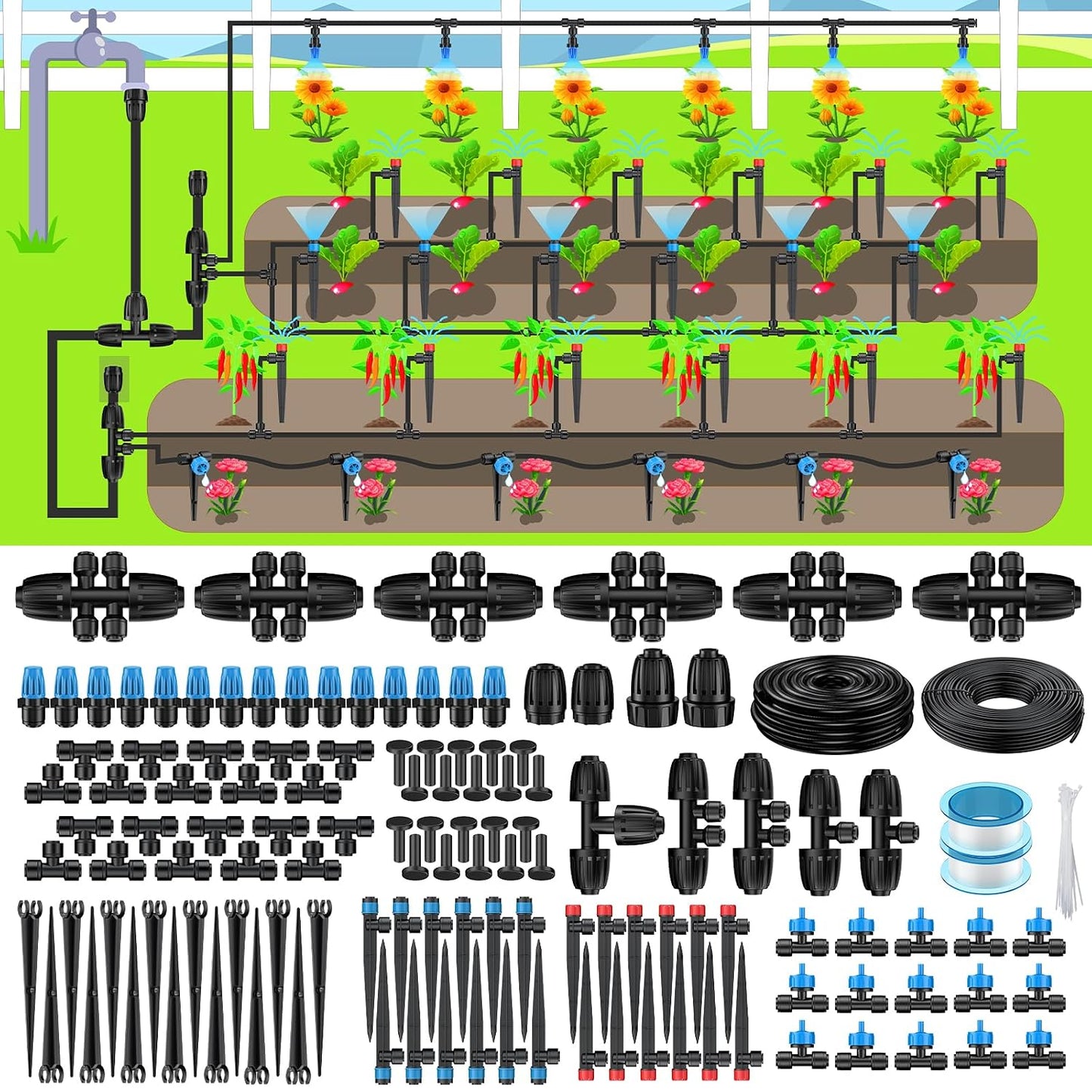 250 ft Drip Irrigation System, Quick-Connect Drip Irrigation Kit with 50ft 1/2" & 200ft 1/4" Tubing and Accessories, Garden Watering System for Greenhouse,Yards,Lawn,Raised Bed