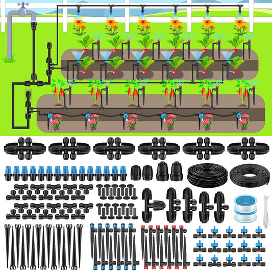 250 ft Drip Irrigation System, Quick-Connect Drip Irrigation Kit with 50ft 1/2" & 200ft 1/4" Tubing and Accessories, Garden Watering System for Greenhouse,Yards,Lawn,Raised Bed