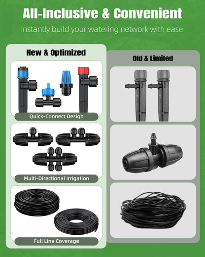 250 ft Drip Irrigation System, Quick-Connect Drip Irrigation Kit with 50ft 1/2" & 200ft 1/4" Tubing and Accessories, Garden Watering System for Greenhouse,Yards,Lawn,Raised Bed
