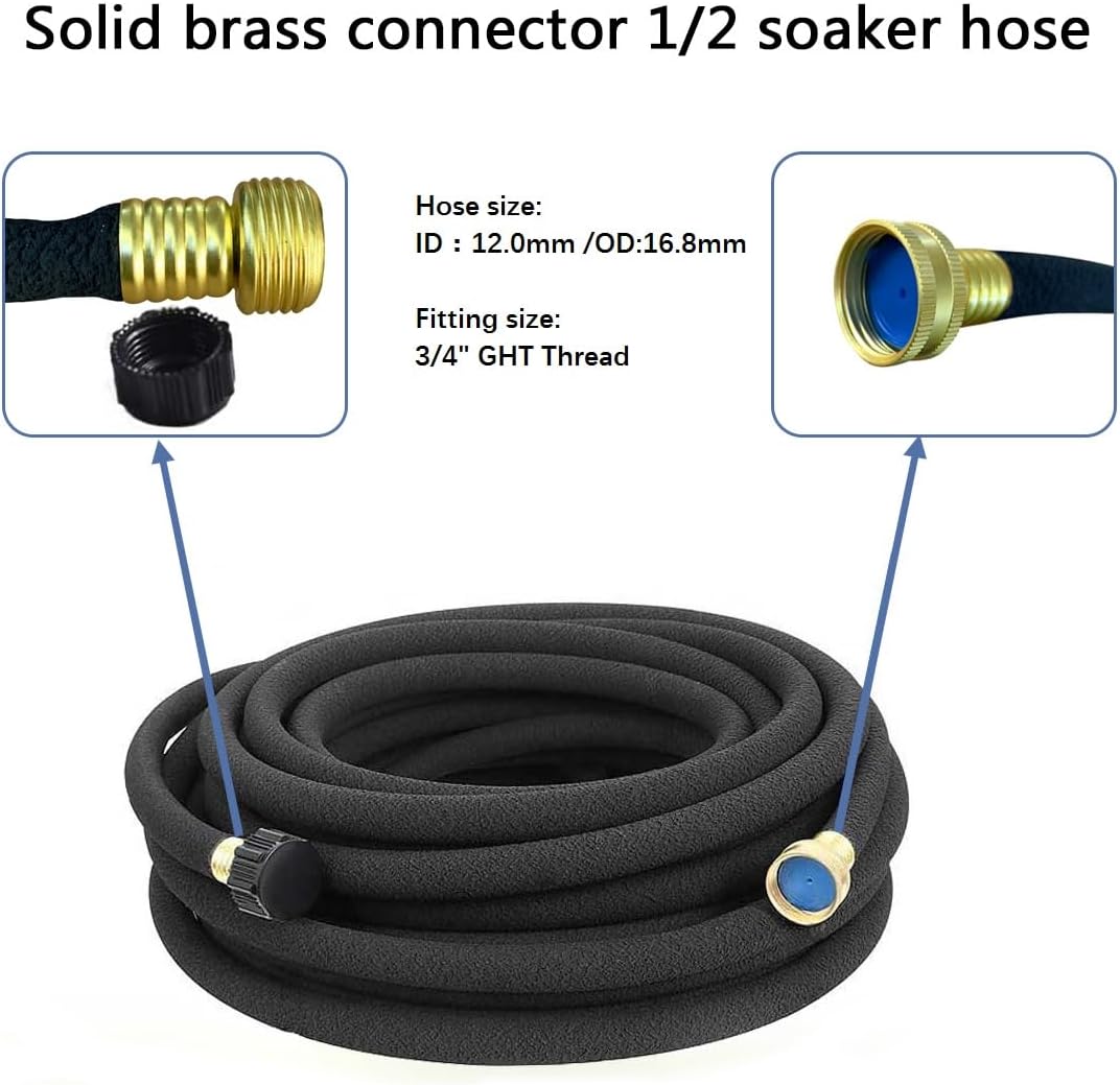 1/2" Soaker Hose Kit 75 ft Round Rubber Garden Soaker Hoses, Heavy Duty Drip Hose for Watering Irrigation, Water Seeper Soaker Hoses for Garden, Lawn and Plants