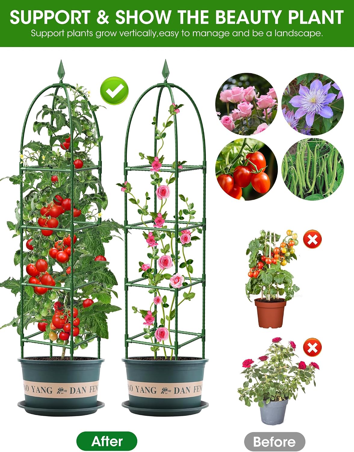 Trellis for Climbing Plants Outdoor, 6FT Garden Obelisk Rustproof PE Coated Metal Potted Plant Climbing Support, Thickened Tube Plant Tower Trellis for Clematis Vine Support Indoor (1 Pack)