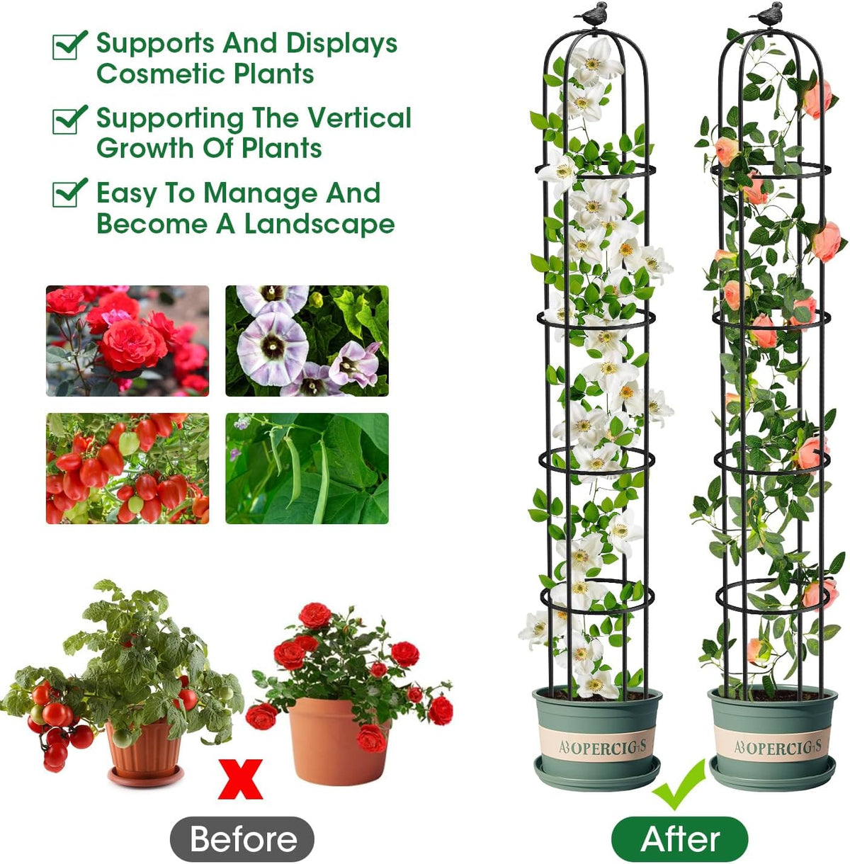 2PCS Garden Obelisk Trellis for Climbing Plants Outdoor, 6.2 ft Tall Trellis for Roses Clematis Jasmine Ivy Flower Light Climbing Vines Potted Plant Support, Patio, Yard