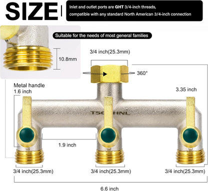 Garden Hose Splitter, 3-Way Faucet Diverter with 3 Extended Metal Handles, Outdoor Hose Splitter, Heavy Duty Brass Nickel Plated, GHT 3/4-Inch Heavy Duty Hex Female Inlet and 3/4-Inch Male Outlet