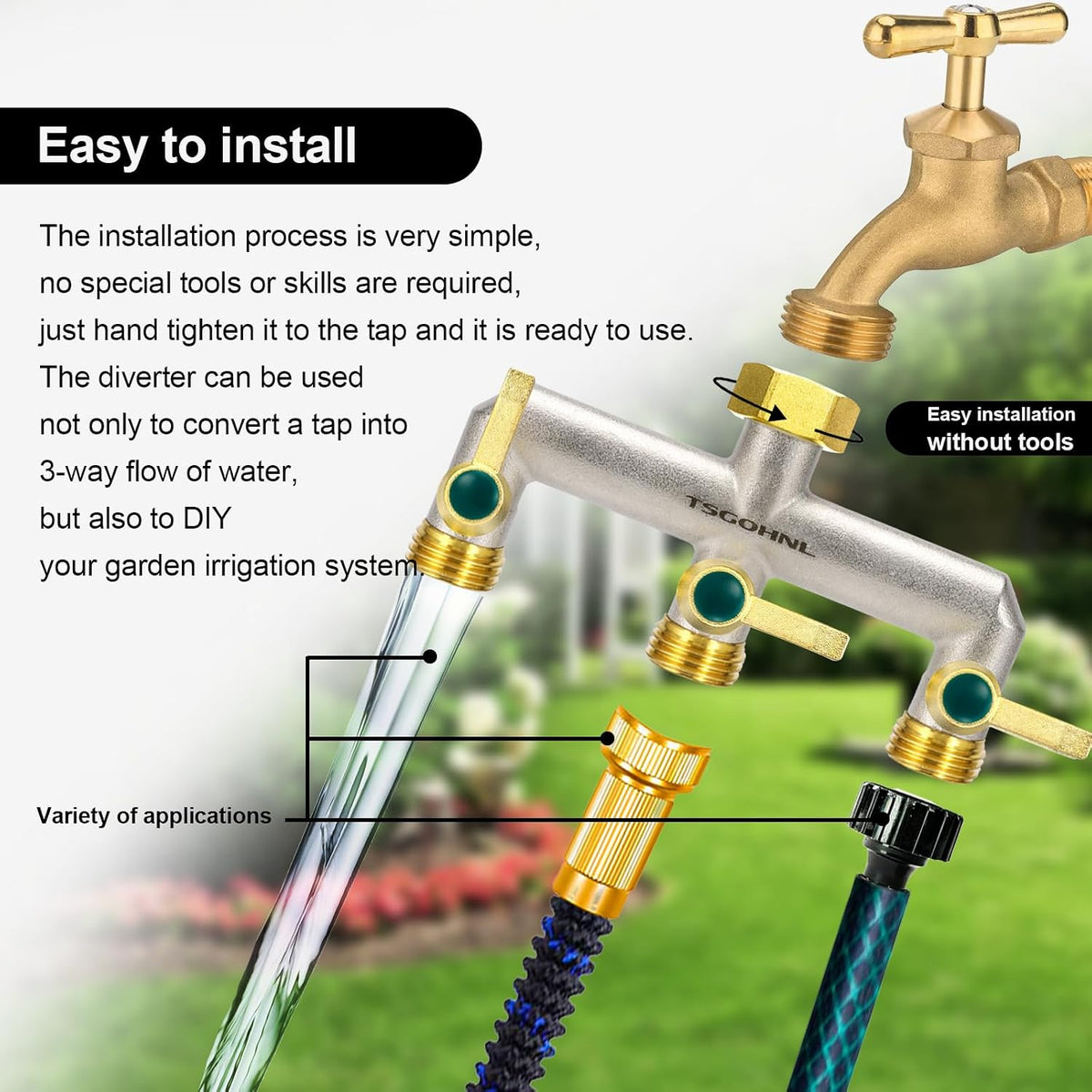 Garden Hose Splitter, 3-Way Faucet Diverter with 3 Extended Metal Handles, Outdoor Hose Splitter, Heavy Duty Brass Nickel Plated, GHT 3/4-Inch Heavy Duty Hex Female Inlet and 3/4-Inch Male Outlet