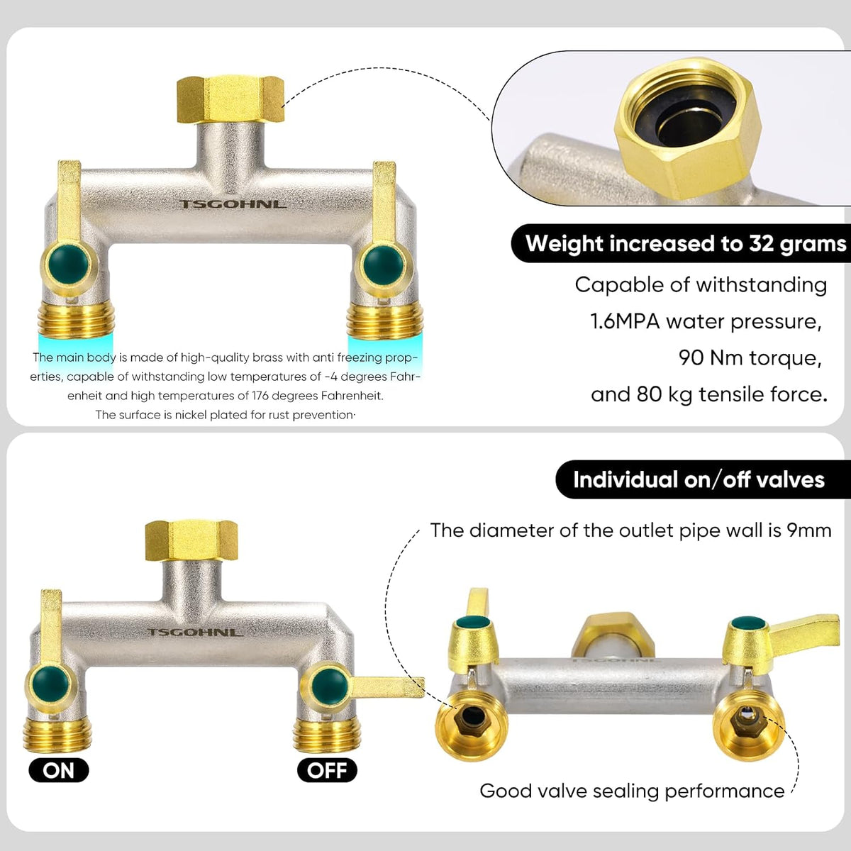 Garden Hose Splitter, 3-Way Faucet Diverter with 3 Extended Metal Handles, Outdoor Hose Splitter, Heavy Duty Brass Nickel Plated, GHT 3/4-Inch Heavy Duty Hex Female Inlet and 3/4-Inch Male Outlet