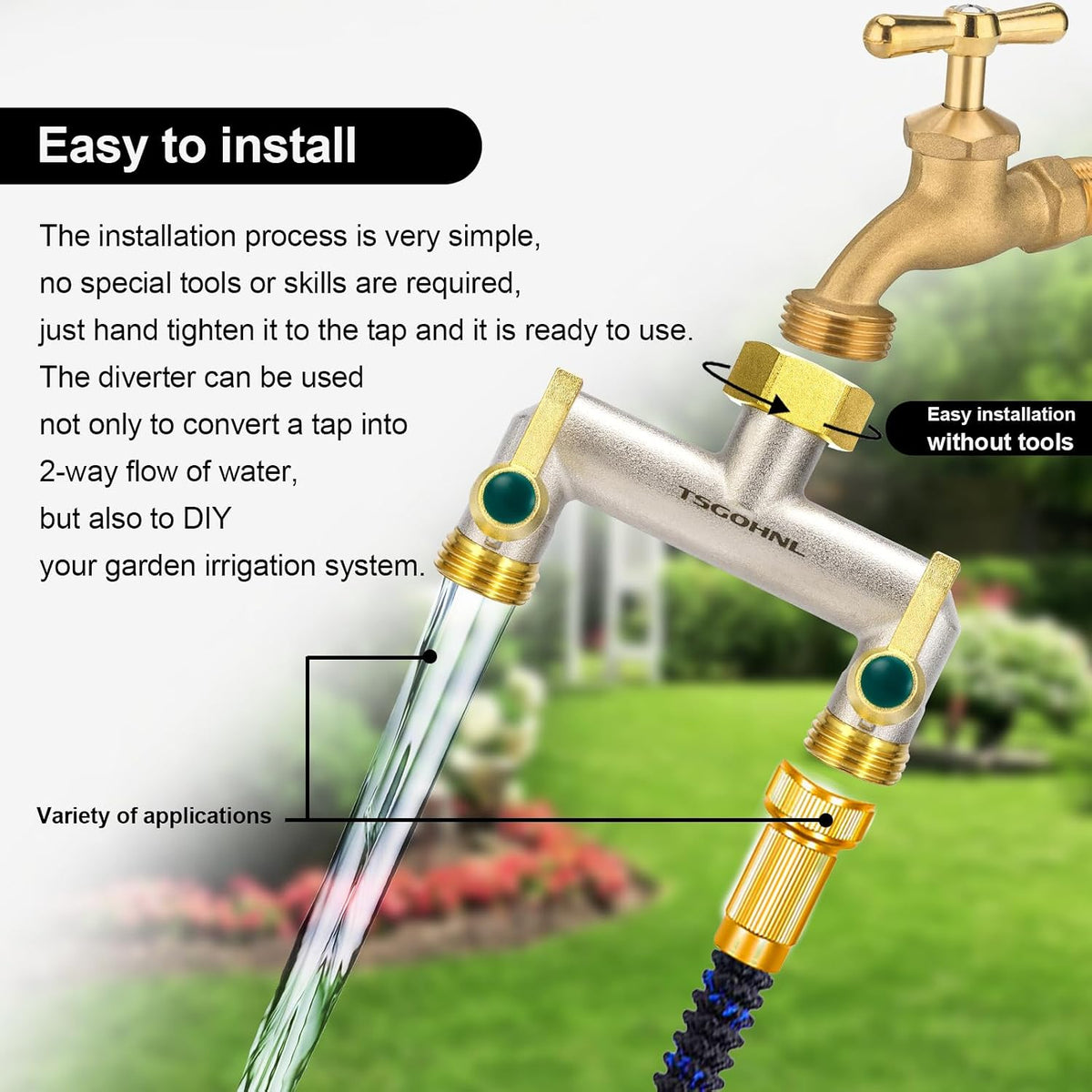 Garden Hose Splitter, 3-Way Faucet Diverter with 3 Extended Metal Handles, Outdoor Hose Splitter, Heavy Duty Brass Nickel Plated, GHT 3/4-Inch Heavy Duty Hex Female Inlet and 3/4-Inch Male Outlet