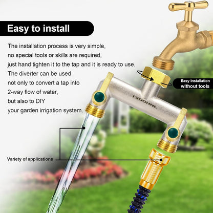 Garden Hose Splitter, 3-Way Faucet Diverter with 3 Extended Metal Handles, Outdoor Hose Splitter, Heavy Duty Brass Nickel Plated, GHT 3/4-Inch Heavy Duty Hex Female Inlet and 3/4-Inch Male Outlet