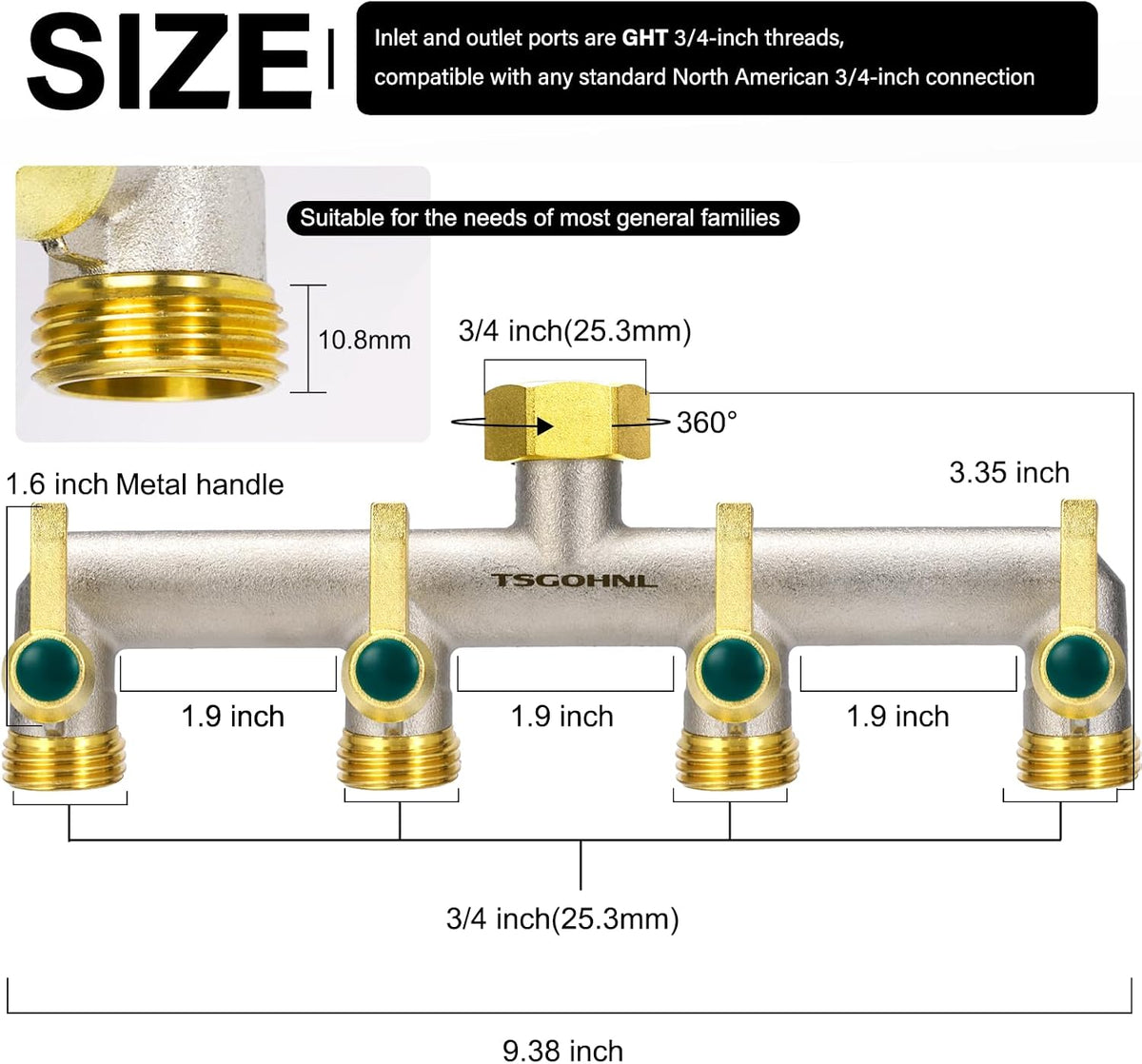 Garden Hose Splitter, 3-Way Faucet Diverter with 3 Extended Metal Handles, Outdoor Hose Splitter, Heavy Duty Brass Nickel Plated, GHT 3/4-Inch Heavy Duty Hex Female Inlet and 3/4-Inch Male Outlet