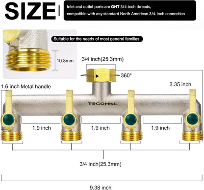 Garden Hose Splitter, 3-Way Faucet Diverter with 3 Extended Metal Handles, Outdoor Hose Splitter, Heavy Duty Brass Nickel Plated, GHT 3/4-Inch Heavy Duty Hex Female Inlet and 3/4-Inch Male Outlet