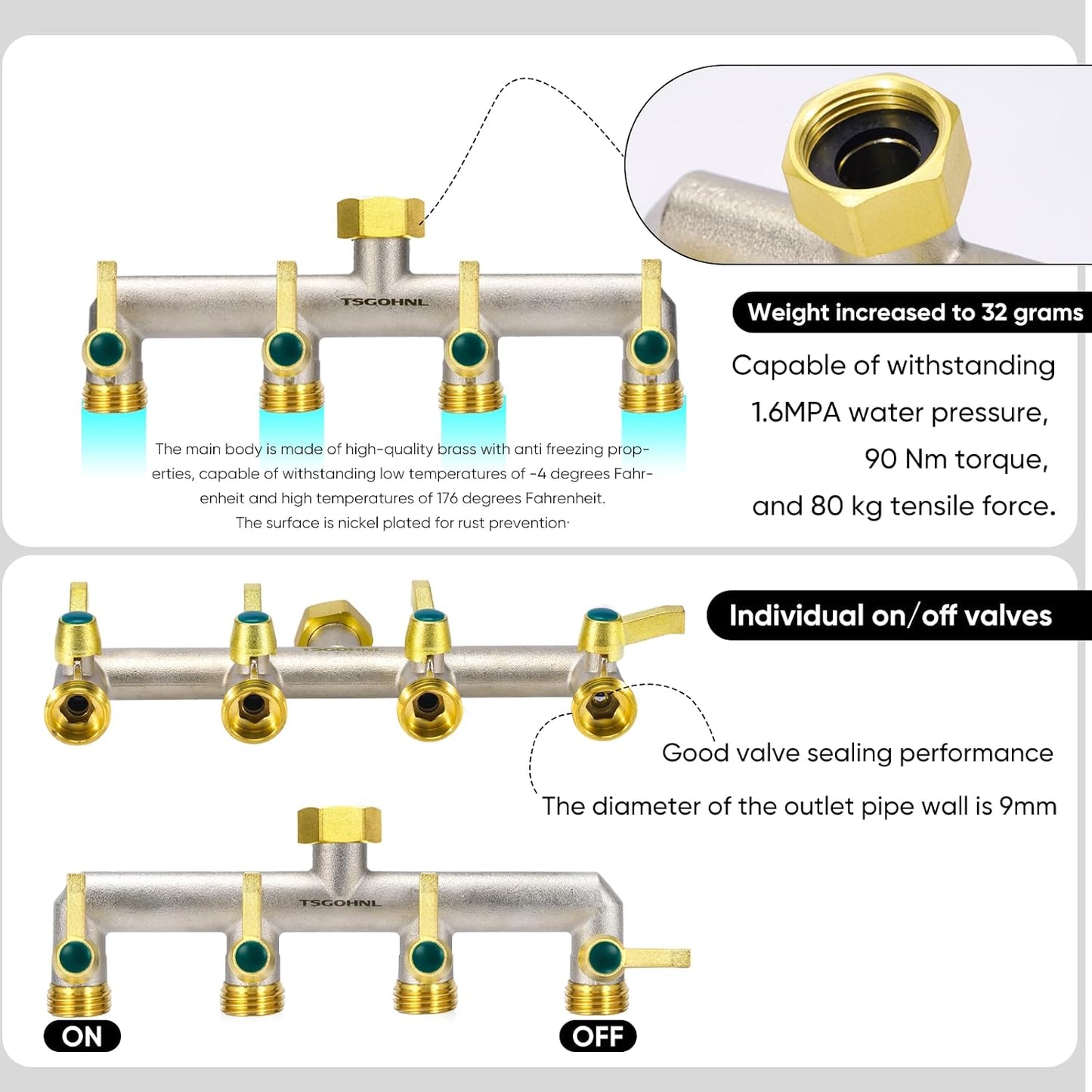Garden Hose Splitter, 3-Way Faucet Diverter with 3 Extended Metal Handles, Outdoor Hose Splitter, Heavy Duty Brass Nickel Plated, GHT 3/4-Inch Heavy Duty Hex Female Inlet and 3/4-Inch Male Outlet