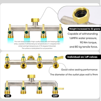 Garden Hose Splitter, 3-Way Faucet Diverter with 3 Extended Metal Handles, Outdoor Hose Splitter, Heavy Duty Brass Nickel Plated, GHT 3/4-Inch Heavy Duty Hex Female Inlet and 3/4-Inch Male Outlet