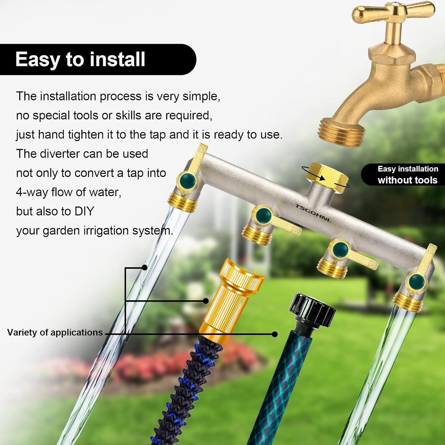 Garden Hose Splitter, 3-Way Faucet Diverter with 3 Extended Metal Handles, Outdoor Hose Splitter, Heavy Duty Brass Nickel Plated, GHT 3/4-Inch Heavy Duty Hex Female Inlet and 3/4-Inch Male Outlet