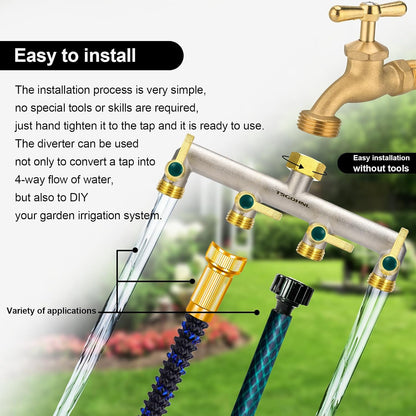 Garden Hose Splitter, 3-Way Faucet Diverter with 3 Extended Metal Handles, Outdoor Hose Splitter, Heavy Duty Brass Nickel Plated, GHT 3/4-Inch Heavy Duty Hex Female Inlet and 3/4-Inch Male Outlet