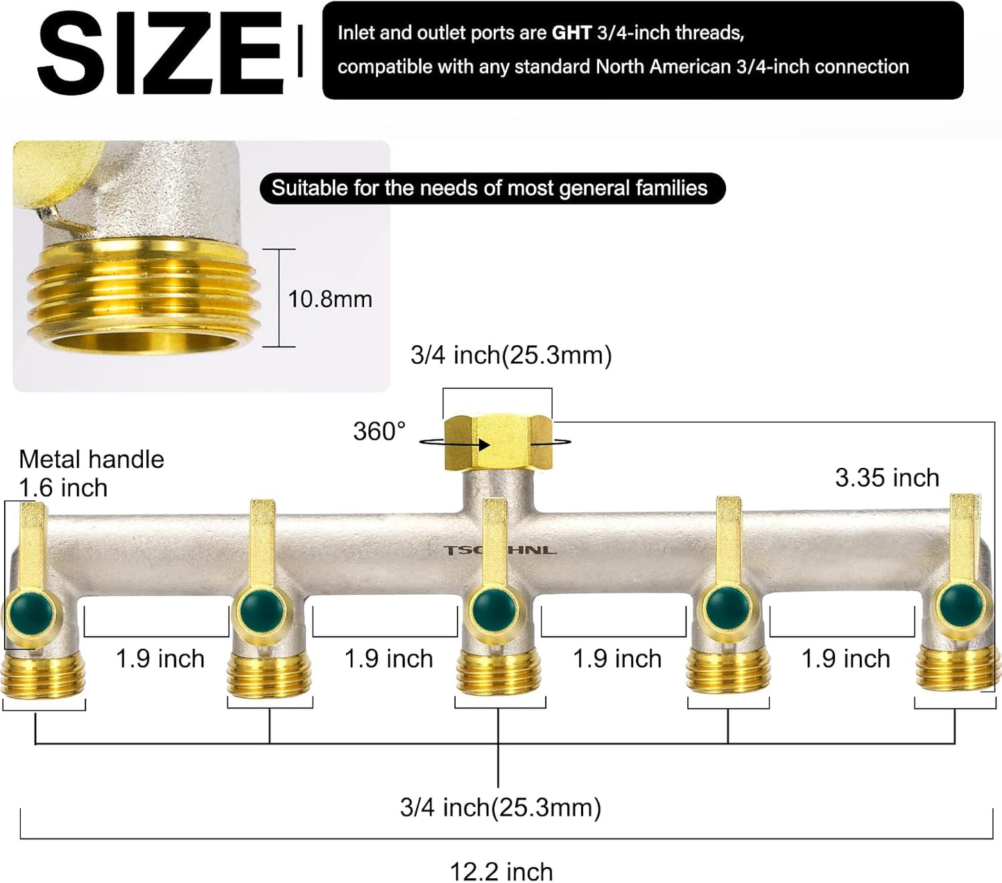 Garden Hose Splitter, 3-Way Faucet Diverter with 3 Extended Metal Handles, Outdoor Hose Splitter, Heavy Duty Brass Nickel Plated, GHT 3/4-Inch Heavy Duty Hex Female Inlet and 3/4-Inch Male Outlet