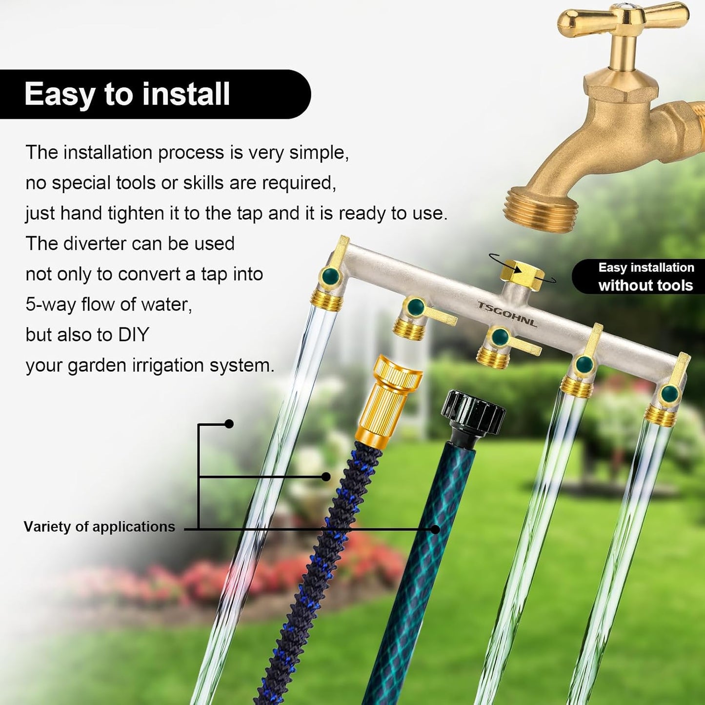 Garden Hose Splitter, 3-Way Faucet Diverter with 3 Extended Metal Handles, Outdoor Hose Splitter, Heavy Duty Brass Nickel Plated, GHT 3/4-Inch Heavy Duty Hex Female Inlet and 3/4-Inch Male Outlet