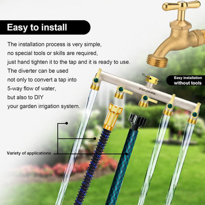 Garden Hose Splitter, 3-Way Faucet Diverter with 3 Extended Metal Handles, Outdoor Hose Splitter, Heavy Duty Brass Nickel Plated, GHT 3/4-Inch Heavy Duty Hex Female Inlet and 3/4-Inch Male Outlet