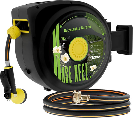 Aokia Retractable Garden Hose Reel, 1/2 in x 100 ft Wall Mounted Heavy Duty Garden Hose Reel with 9 Patterns Nozzle, Any Length Lock, Auto Return System and 180°Swivel Bracket