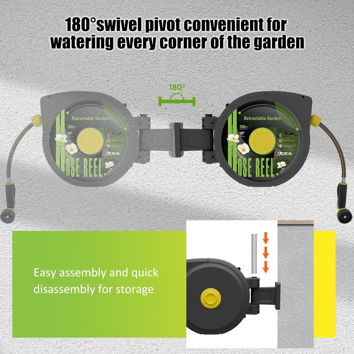 Aokia Retractable Garden Hose Reel, 1/2 in x 100 ft Wall Mounted Heavy Duty Garden Hose Reel with 9 Patterns Nozzle, Any Length Lock, Auto Return System and 180°Swivel Bracket