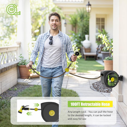 Aokia Retractable Garden Hose Reel, 1/2 in x 100 ft Wall Mounted Heavy Duty Garden Hose Reel with 9 Patterns Nozzle, Any Length Lock, Auto Return System and 180°Swivel Bracket