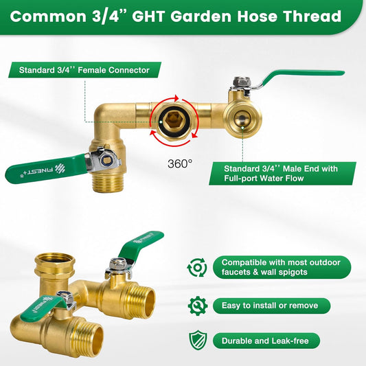 2 Way Brass Garden Hose Splitter Heavy Duty, 360° Rotatable Y Valve, Full Flow Large Ball Valve, 304 Stainless Steel Long Handle, 3/4" GHT Thread for Outdoor Faucet Lawn Irrigation Car Wash