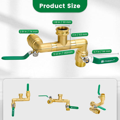 2 Way Brass Garden Hose Splitter Heavy Duty, 360° Rotatable Y Valve, Full Flow Large Ball Valve, 304 Stainless Steel Long Handle, 3/4" GHT Thread for Outdoor Faucet Lawn Irrigation Car Wash
