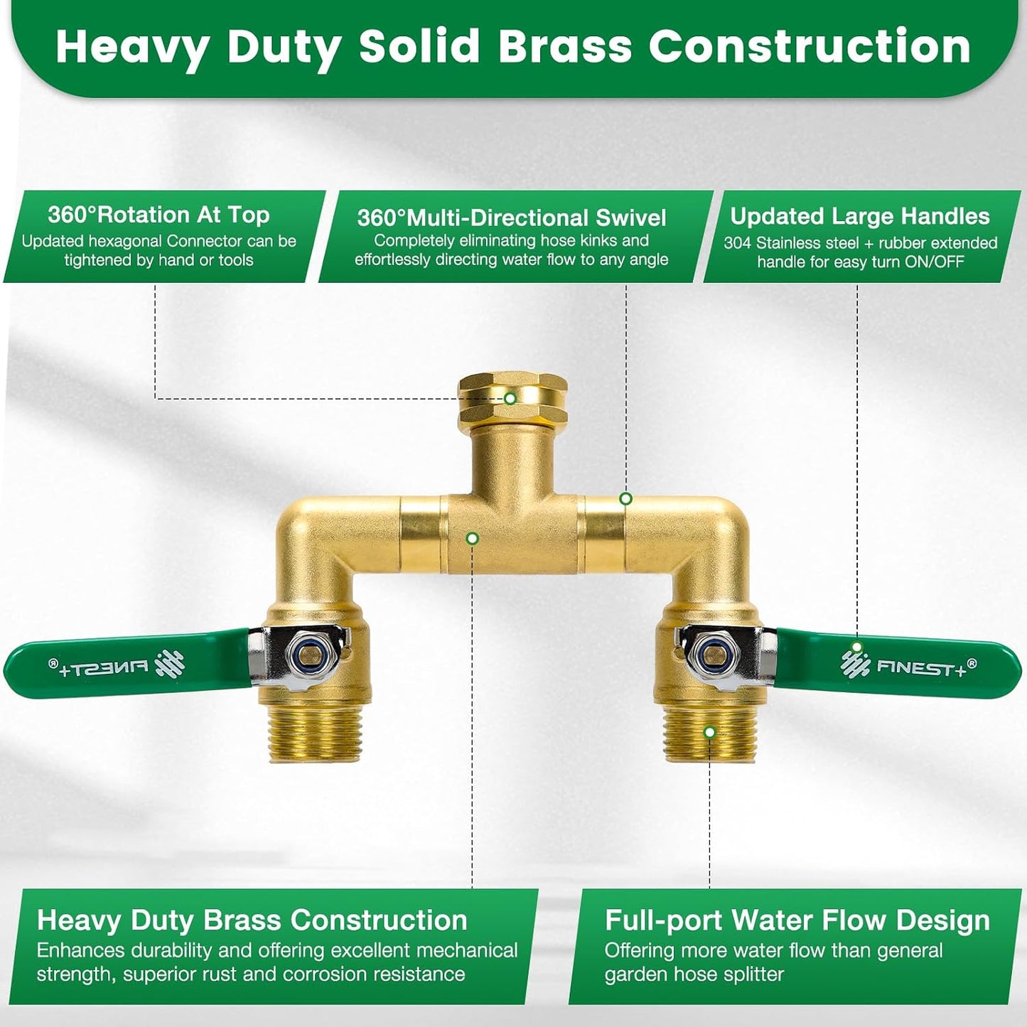 2 Way Brass Garden Hose Splitter Heavy Duty, 360° Rotatable Y Valve, Full Flow Large Ball Valve, 304 Stainless Steel Long Handle, 3/4" GHT Thread for Outdoor Faucet Lawn Irrigation Car Wash