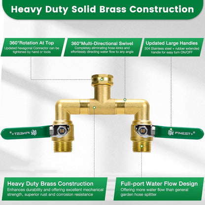 2 Way Brass Garden Hose Splitter Heavy Duty, 360° Rotatable Y Valve, Full Flow Large Ball Valve, 304 Stainless Steel Long Handle, 3/4" GHT Thread for Outdoor Faucet Lawn Irrigation Car Wash