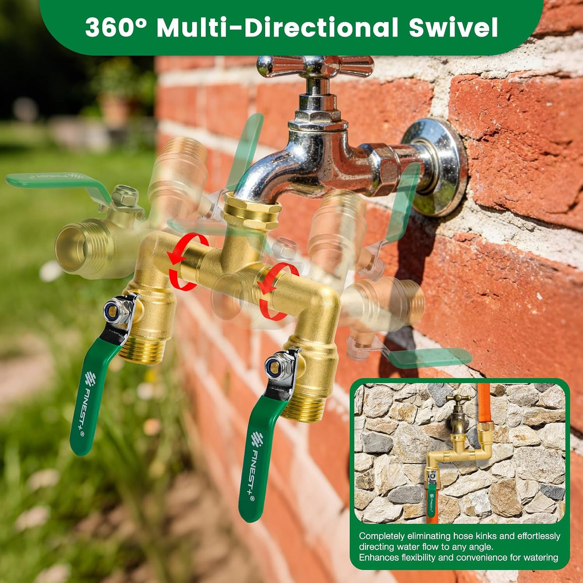 2 Way Brass Garden Hose Splitter Heavy Duty, 360° Rotatable Y Valve, Full Flow Large Ball Valve, 304 Stainless Steel Long Handle, 3/4" GHT Thread for Outdoor Faucet Lawn Irrigation Car Wash