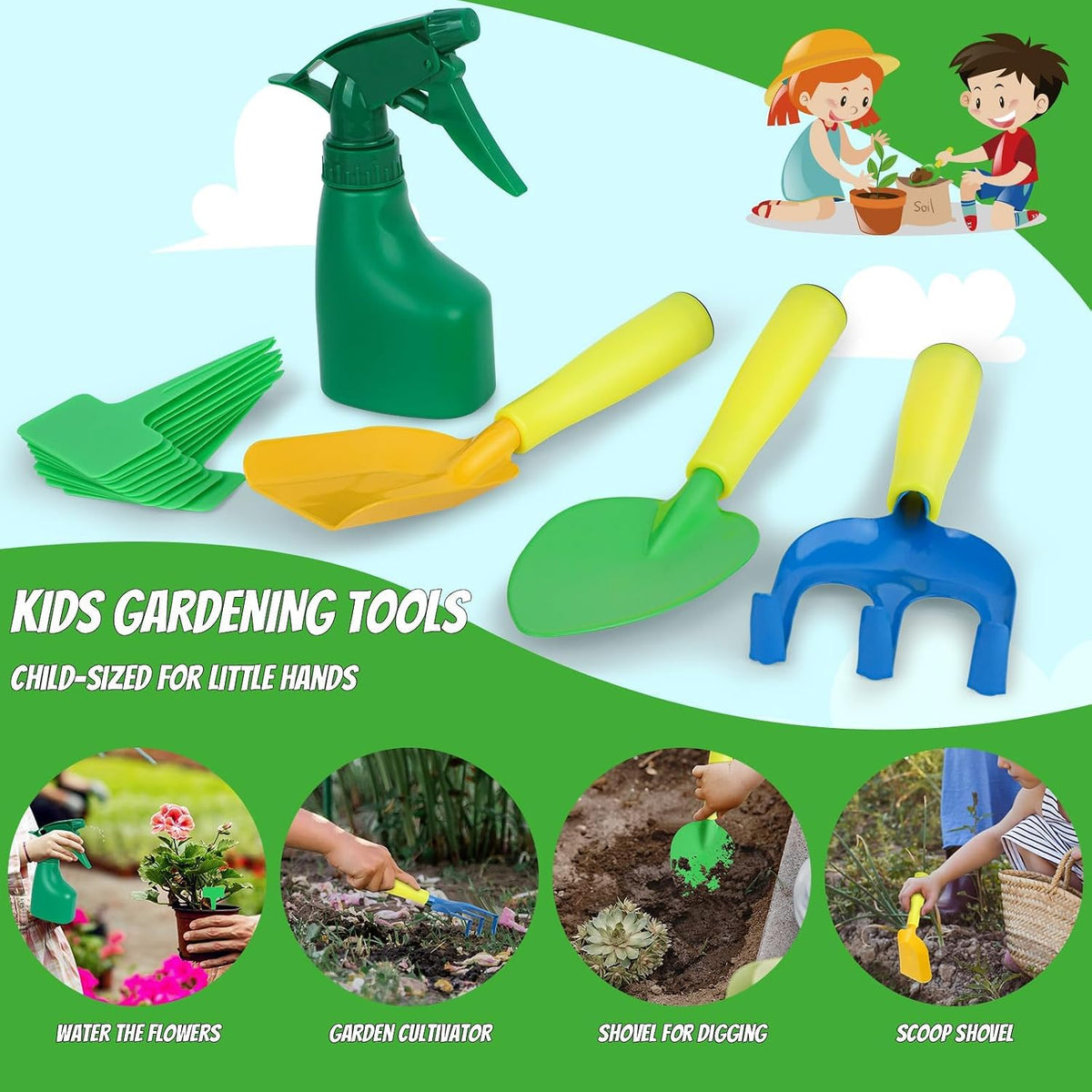 Kids Gardening Tools Set, 22 Pcs Real Metal Wood – Outdoor Toddlers Gifts