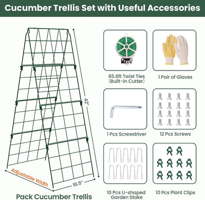 2 Pack Cucumber Trellis, 48"x16" Adjustable A-Frame Trellis for Climbing Plants, Metal Foldable Upgraded Vegetable Trellis for Raised Bed, Support for Tomatoes, Squash, Zucchini, Vegetables & Flowers
