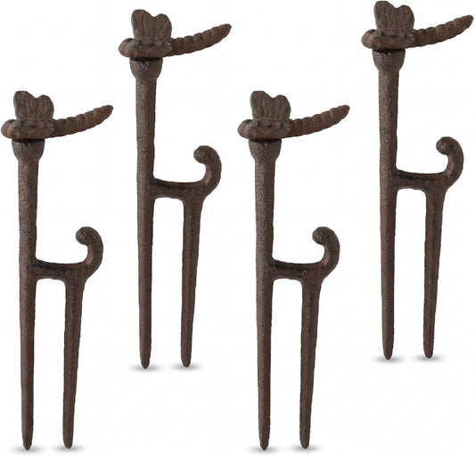 4 Pack Garden Hose Guide Stakes Bulk 9.5'' Rusty Dragonfly Garden Hose Guide Spike Decorative Cast Iron Stakes Holder Heavy Duty Metal Outdoor Nails Tool for Lawn Yard Patio Plant Protection