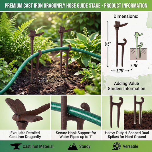 4 Pack Garden Hose Guide Stakes Bulk 9.5'' Rusty Dragonfly Garden Hose Guide Spike Decorative Cast Iron Stakes Holder Heavy Duty Metal Outdoor Nails Tool for Lawn Yard Patio Plant Protection