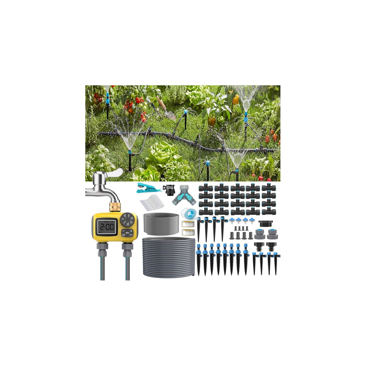 150FT Drip Irrigation System Kit with 2 Zone Water Timer for Garden