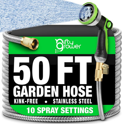 50 FT Garden Hose Stainless Steel Heavy Duty with Spray Nozzle, Lightweight and No-Kink Flexible Water Hose 50 FT with 3/4" Solid Brass Fittings, Metal Waterhose for Outside 50FT, Manguera para Jardin