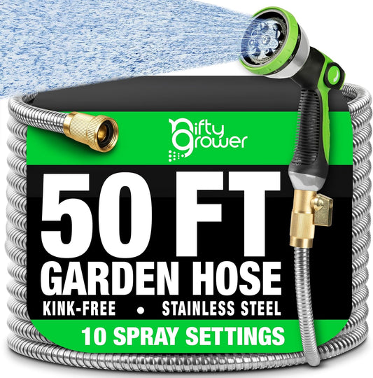 50 FT Garden Hose Stainless Steel Heavy Duty with Spray Nozzle, Lightweight and No-Kink Flexible Water Hose 50 FT with 3/4" Solid Brass Fittings, Metal Waterhose for Outside 50FT, Manguera para Jardin