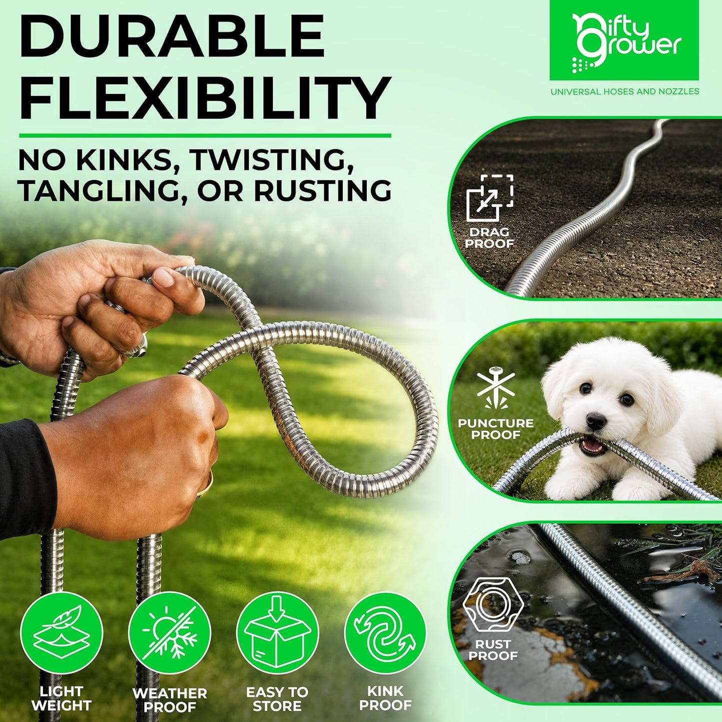 50 FT Garden Hose Stainless Steel Heavy Duty with Spray Nozzle, Lightweight and No-Kink Flexible Water Hose 50 FT with 3/4" Solid Brass Fittings, Metal Waterhose for Outside 50FT, Manguera para Jardin